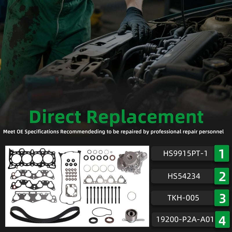 Riyhch HS9915PT-1 Cylinder Head Gasket Bolt Set & Timing Belt Kit with Water Pump Fit for Honda Civic 1996-2000 1.6L L4 Honda D16Y5 D16Y7 D16Y8 Engine Replace HS54234 HB4029 TKH005 - Image 2